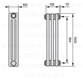 Схема (чертеж) Радиатор Zehnder Charleston 3100/3 №7610 Белый глянцевый RAL 9016